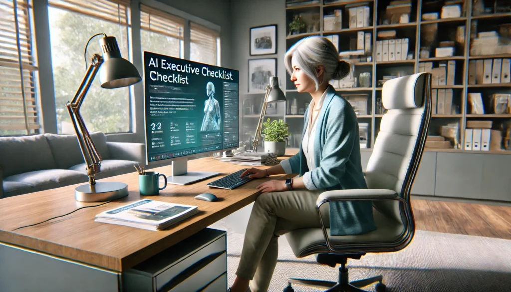 A-hyper-realistic-photo-quality-wide-image-of-a-middle-aged-CEO-named-Sally-sitting-at-a-desk-in-her-home-office-working-on-her-computer.-Sally-is-d.webp